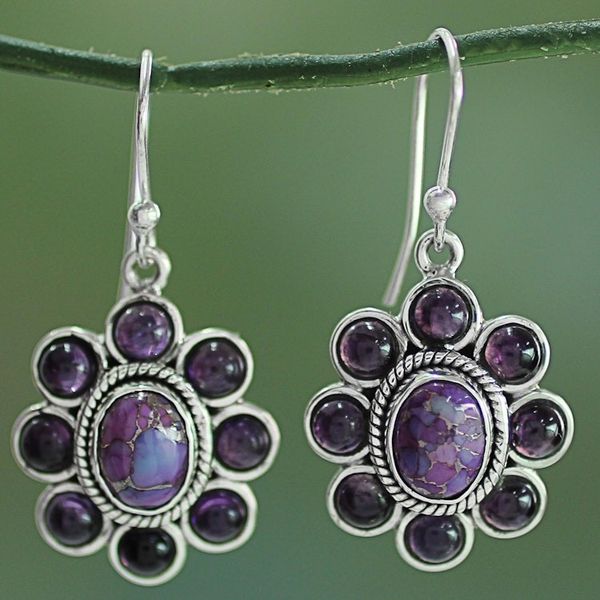 Alternate image for Amethyst and Purple Composite Turquoise Dangle Earrings Purple Blossoms