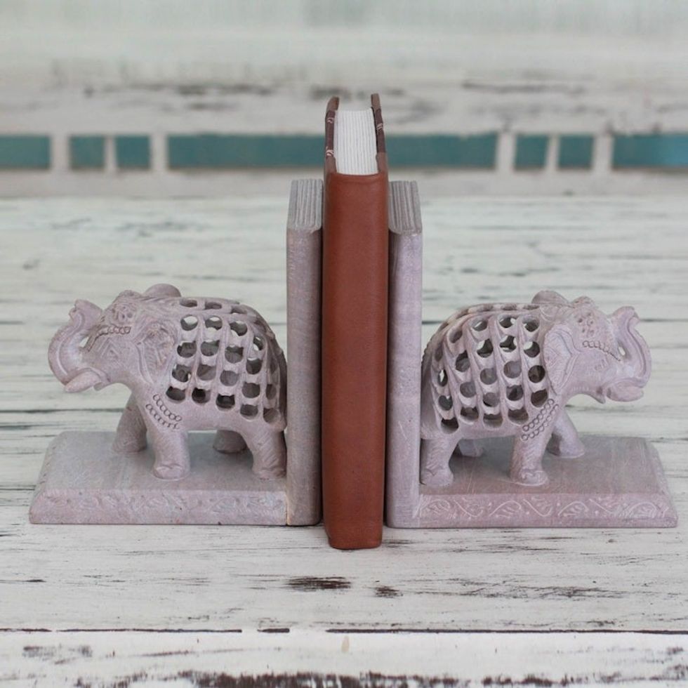 Hand Carved Indian Jali Soapstone Bookends 'Elephant Mom'