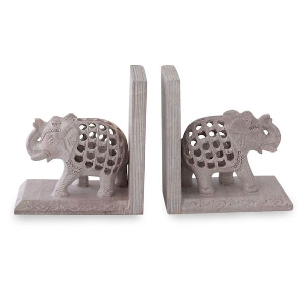 Alternate image for Hand Carved Indian Jali Soapstone Bookends Elephant Mom