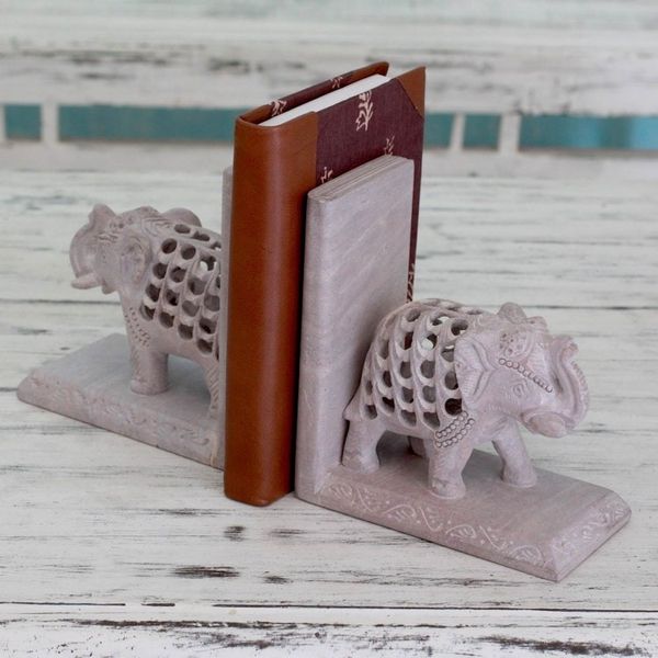 Alternate image for Hand Carved Indian Jali Soapstone Bookends Elephant Mom