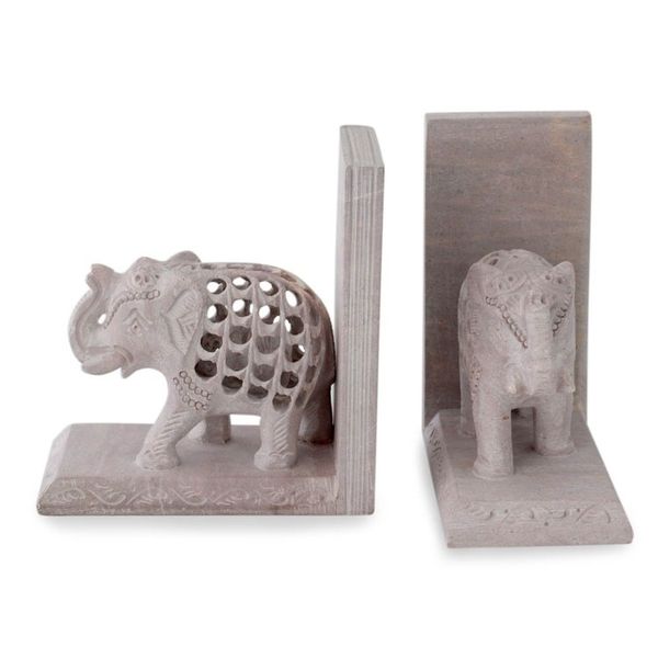 Alternate image for Hand Carved Indian Jali Soapstone Bookends Elephant Mom