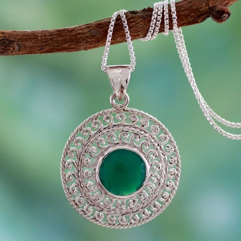Sterling Silver and Green Onyx Necklace from India Jewelry 'Mystical Shield'