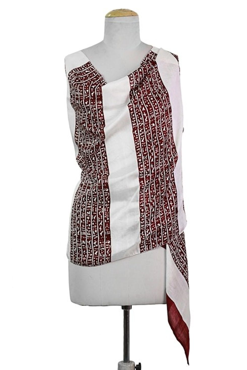 Hand Woven Ecru Cherry Silk Shawl from India 'Ancient Script in Cherry'