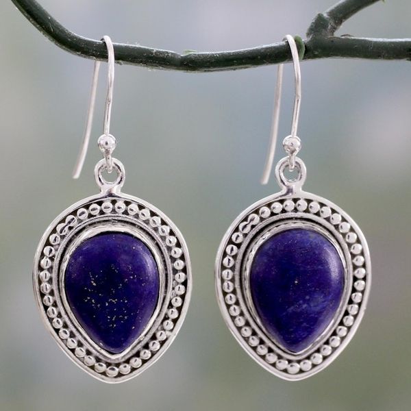 Alternate image for Artisan Crafted Lapis Lazuli Indian Dangle Earrings Royal Droplets