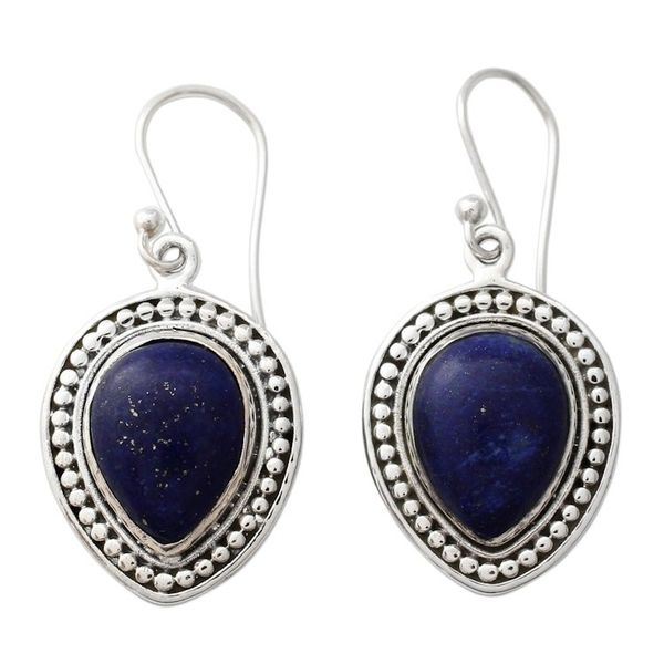 Alternate image for Artisan Crafted Lapis Lazuli Indian Dangle Earrings Royal Droplets