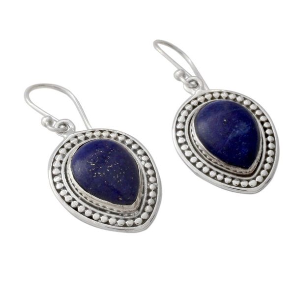 Alternate image for Artisan Crafted Lapis Lazuli Indian Dangle Earrings Royal Droplets