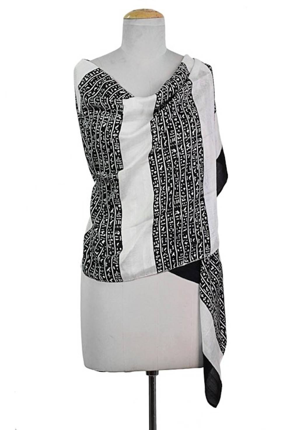 Hand Woven Black and White Silk Shawl from India 'Ancient Script in Black'