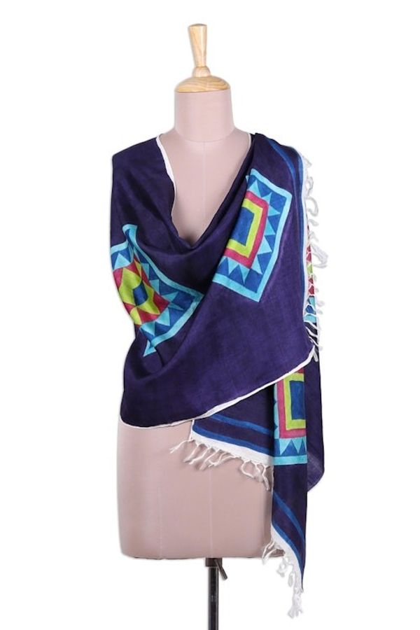 Alternate image for Bengal Multi-Colored Geometric Silk Shawl with Fringe Festival of Bengal