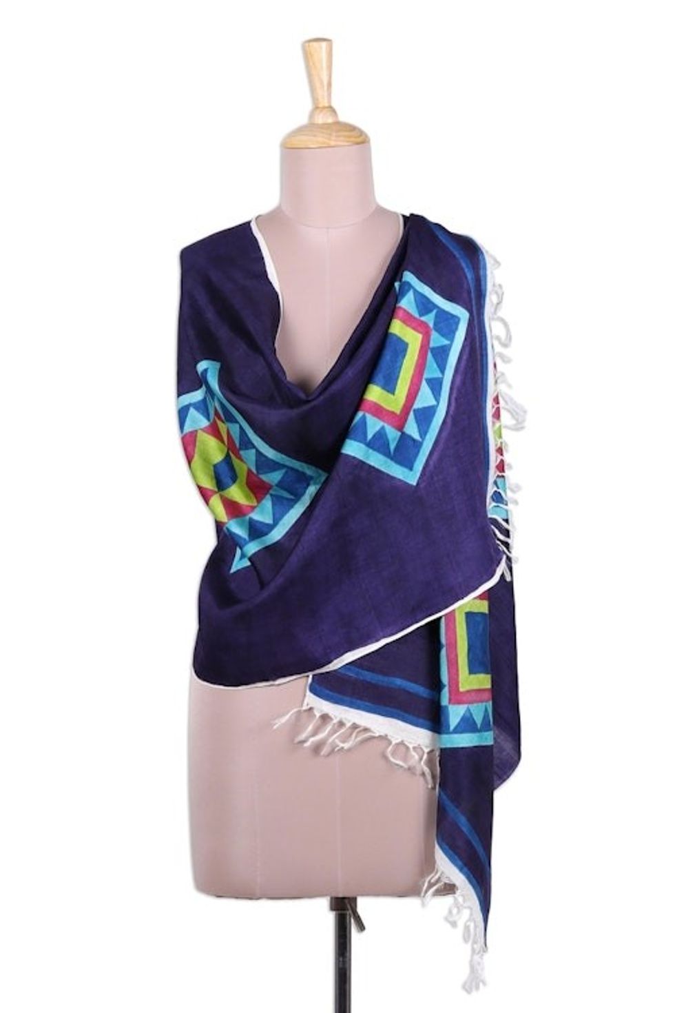 Bengal Multi-Colored Geometric Silk Shawl with Fringe 'Festival of Bengal'