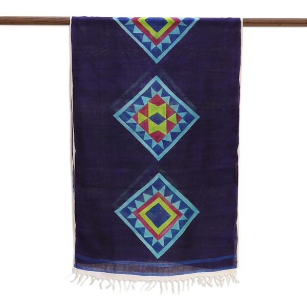 Alternate image for Bengal Multi-Colored Geometric Silk Shawl with Fringe Festival of Bengal