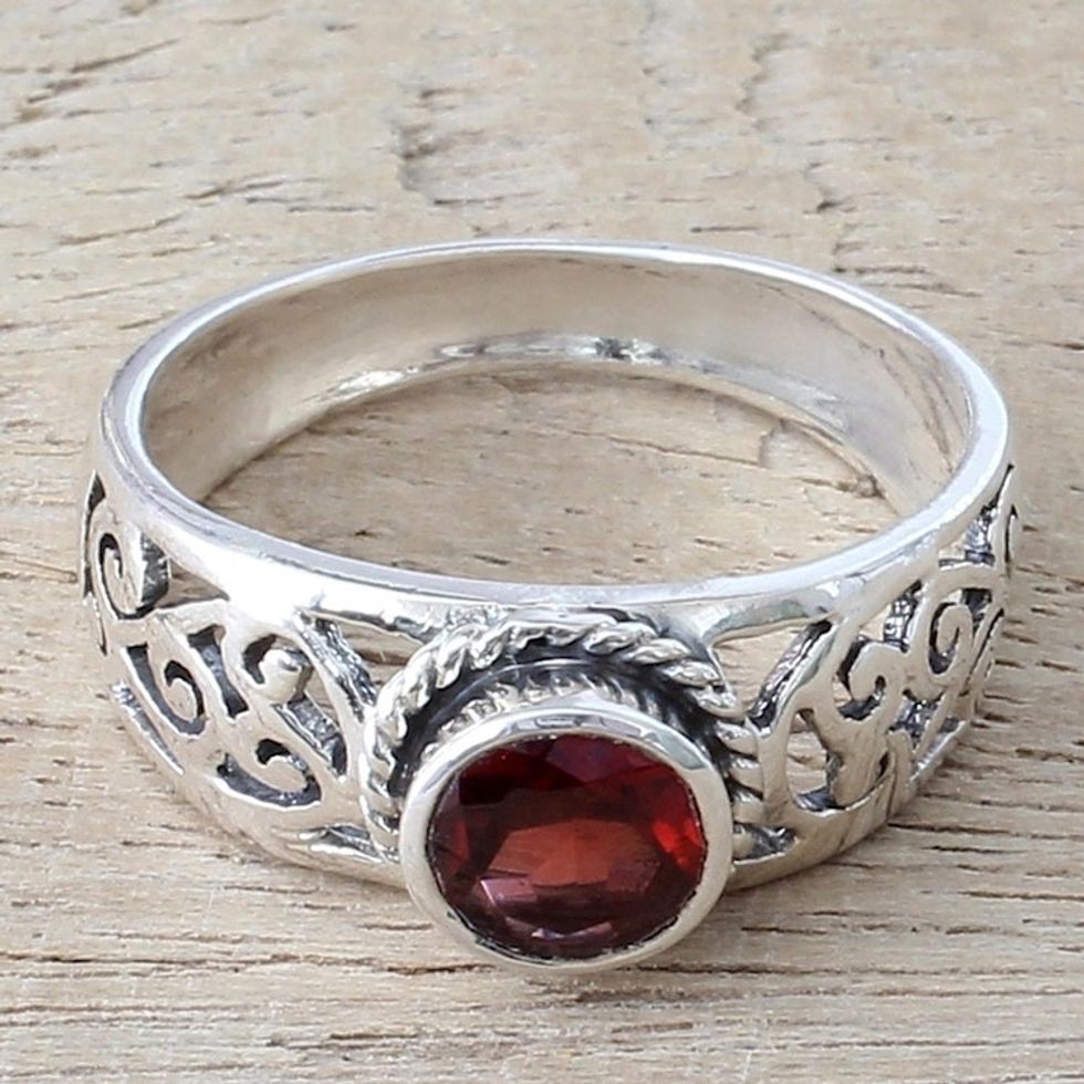 Garnet and Sterling Silver Single Stone Ring from India 'Blossoming Desire'