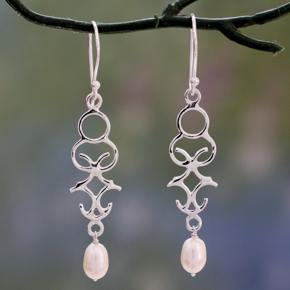 Polished Sterling Silver Dangle Earring with Cultured Pearls 'Sublime Trellis'