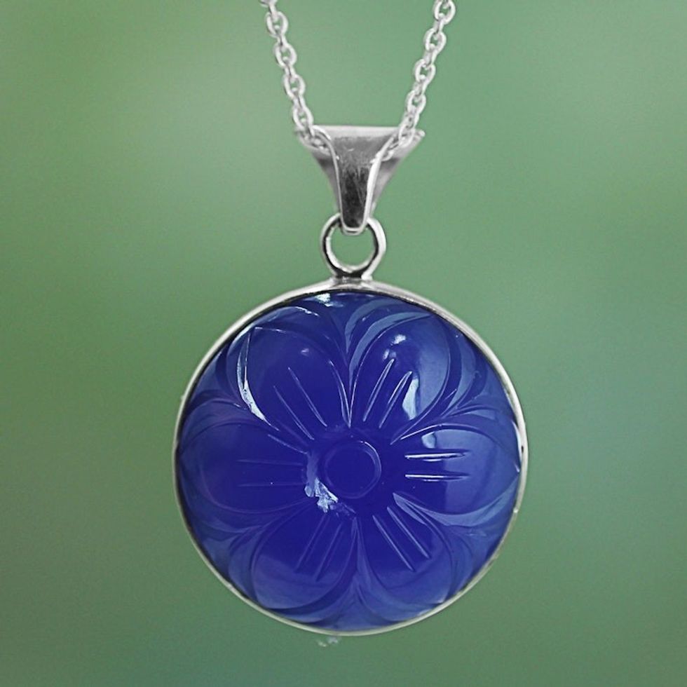 Blue Onyx and Sterling Silver Necklace from India 'Floral Grandeur'