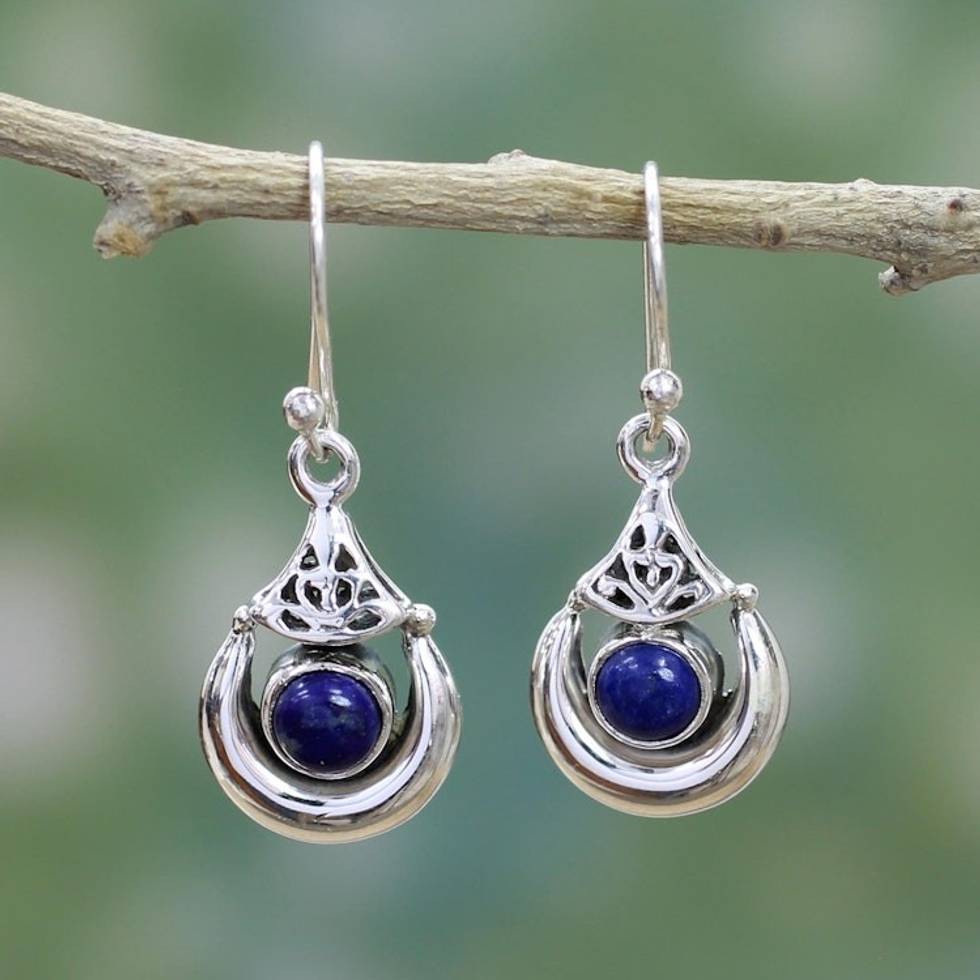 Handmade Sterling Silver Lapis Lazuli Dangle Earrings India 'Alluring Crescent'