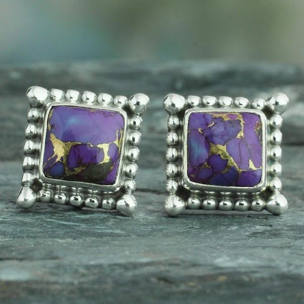 Alternate image for Composite Purple Turquoise Earrings Handmade in India Magical Purple