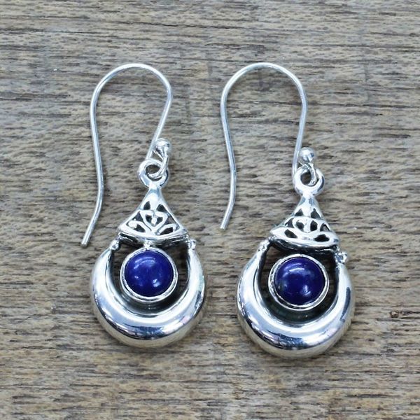Alternate image for Handmade Sterling Silver Lapis Lazuli Dangle Earrings India Alluring Crescent