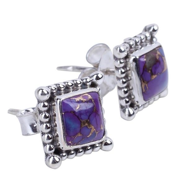 Alternate image for Composite Purple Turquoise Earrings Handmade in India Magical Purple