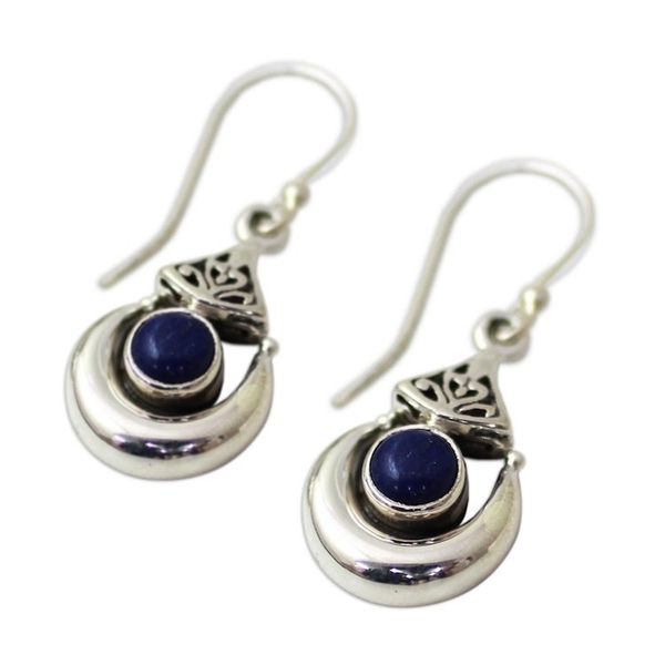 Alternate image for Handmade Sterling Silver Lapis Lazuli Dangle Earrings India Alluring Crescent