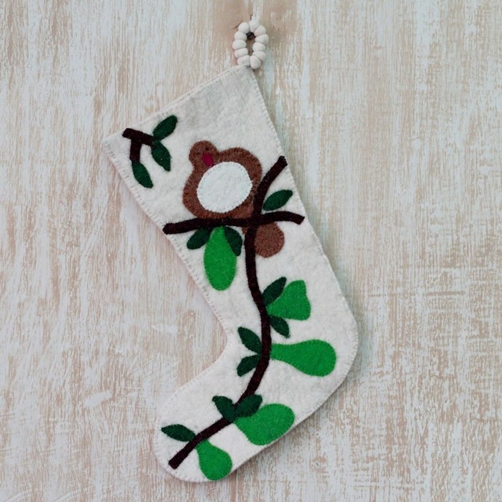 Wool Felt Christmas Stocking from India 'Partridge in a Pear Tree'