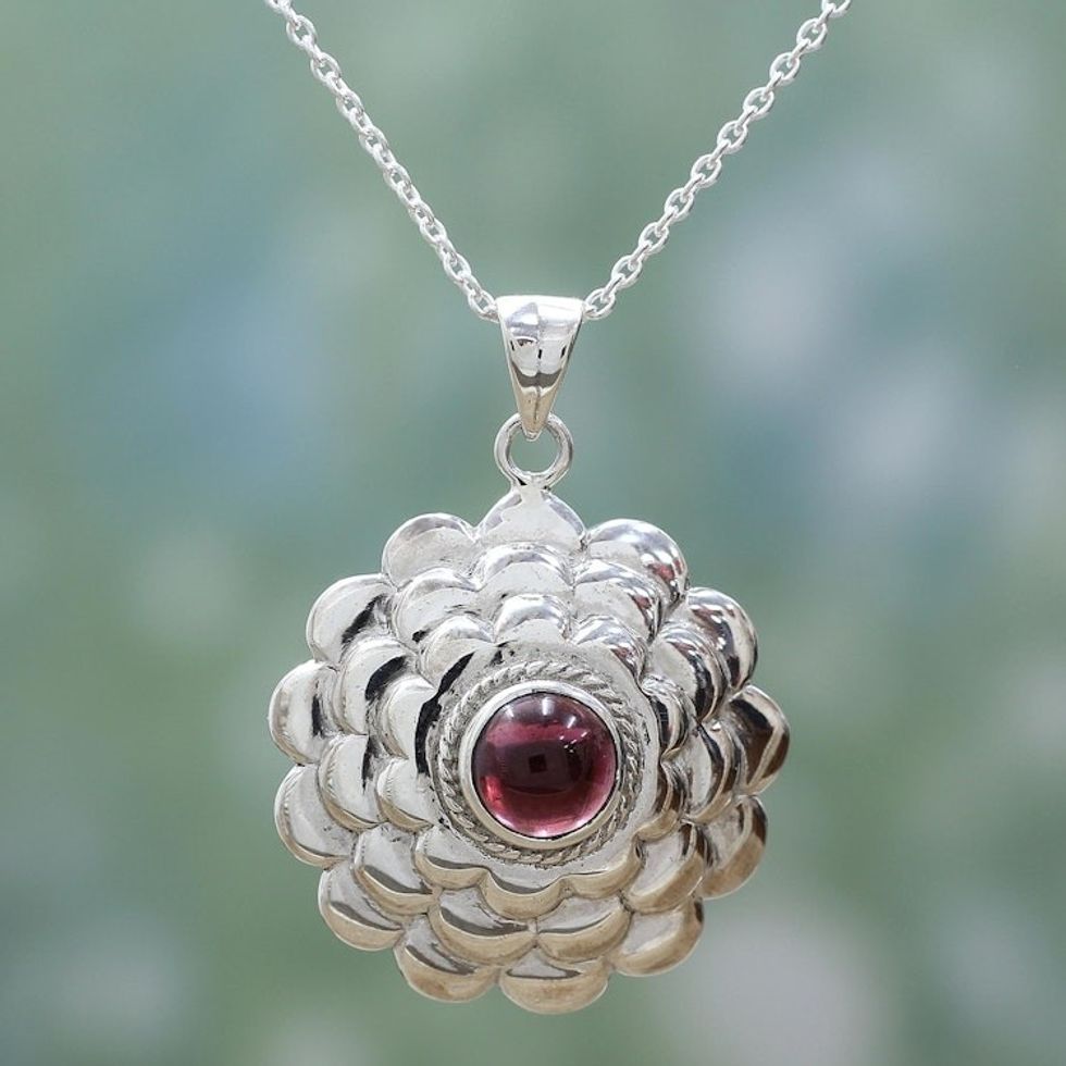 Garnet Sterling Silver Floral Pendant Necklace from India 'Cherry Bloom'