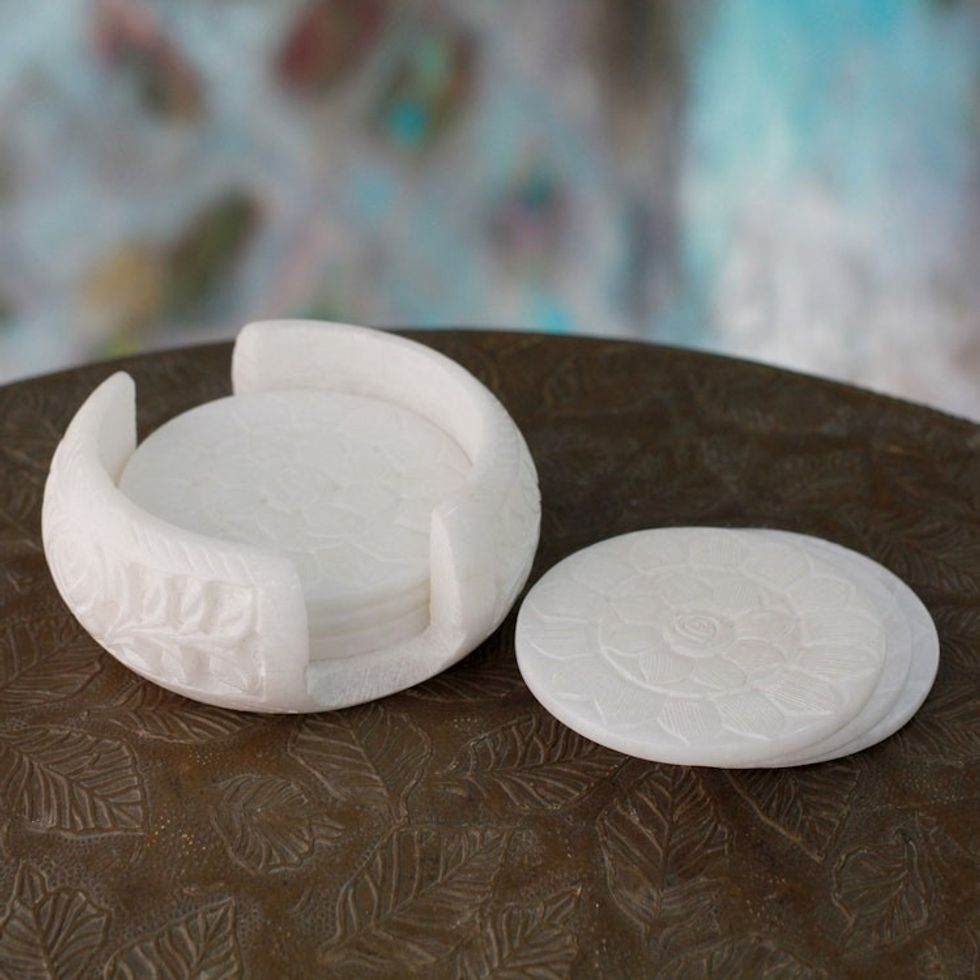 Hand Carved White Marble Coasters and Holder set of 6 'Peaceful Blossom'