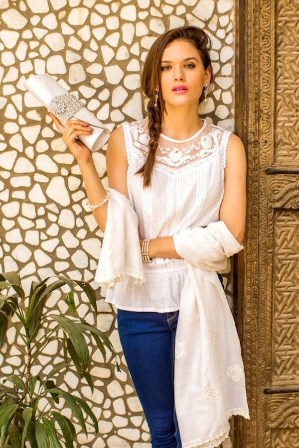 Alternate image for India Hand Embroidered White Shawl with Roses White Rose