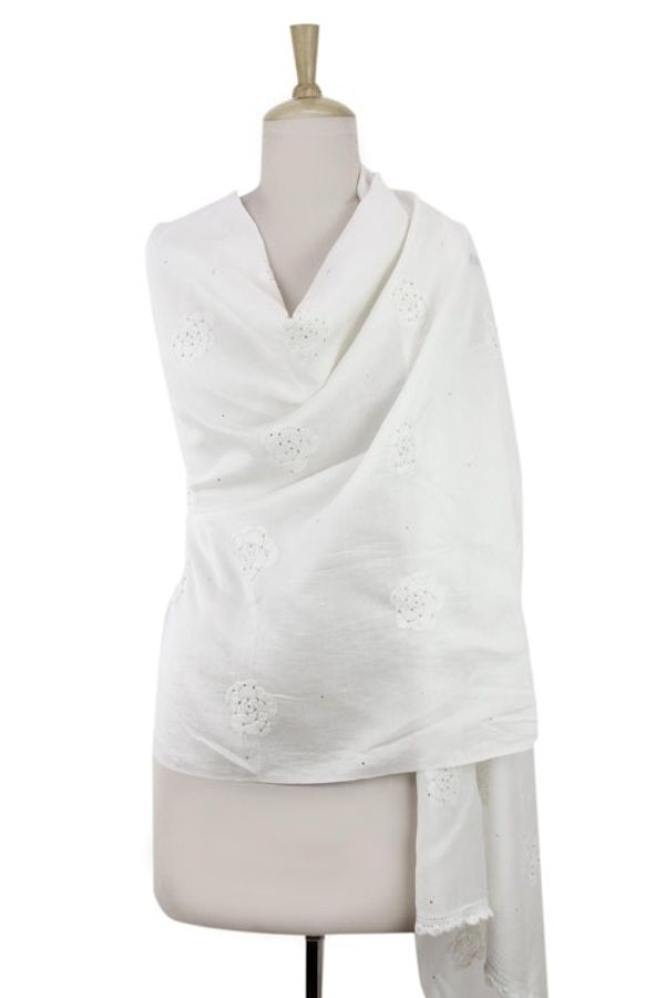 Alternate image for India Hand Embroidered White Shawl with Roses White Rose