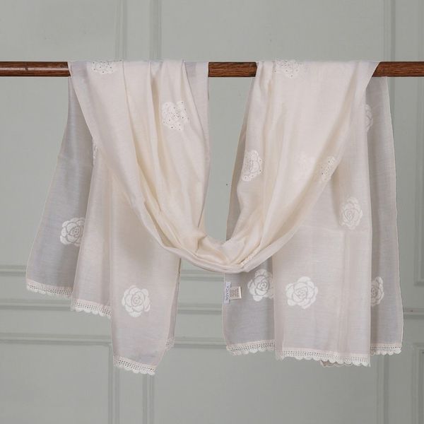 Alternate image for India Hand Embroidered White Shawl with Roses White Rose