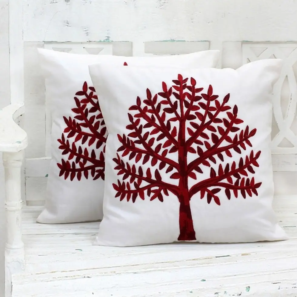 Embroidered Cotton Cushion Covers Red Tree Pair India 'Chinar Tree'