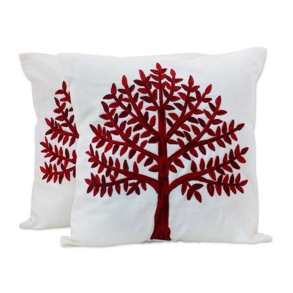 Alternate image for Embroidered Cotton Cushion Covers Red Tree Pair India Chinar Tree