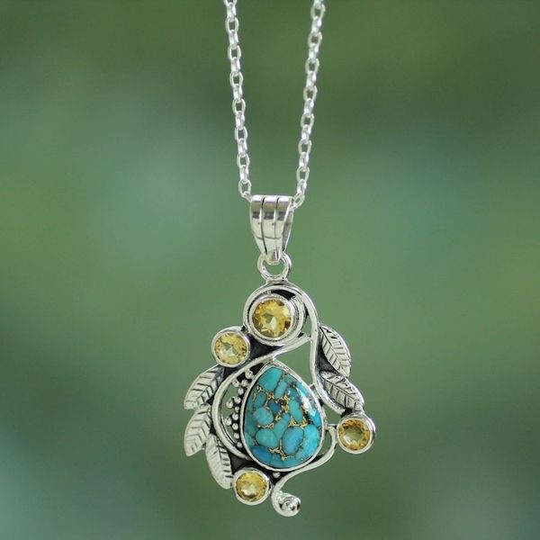 Alternate image for Handmade Composite Turquoise and Citrine Necklace Golden Forest Mist