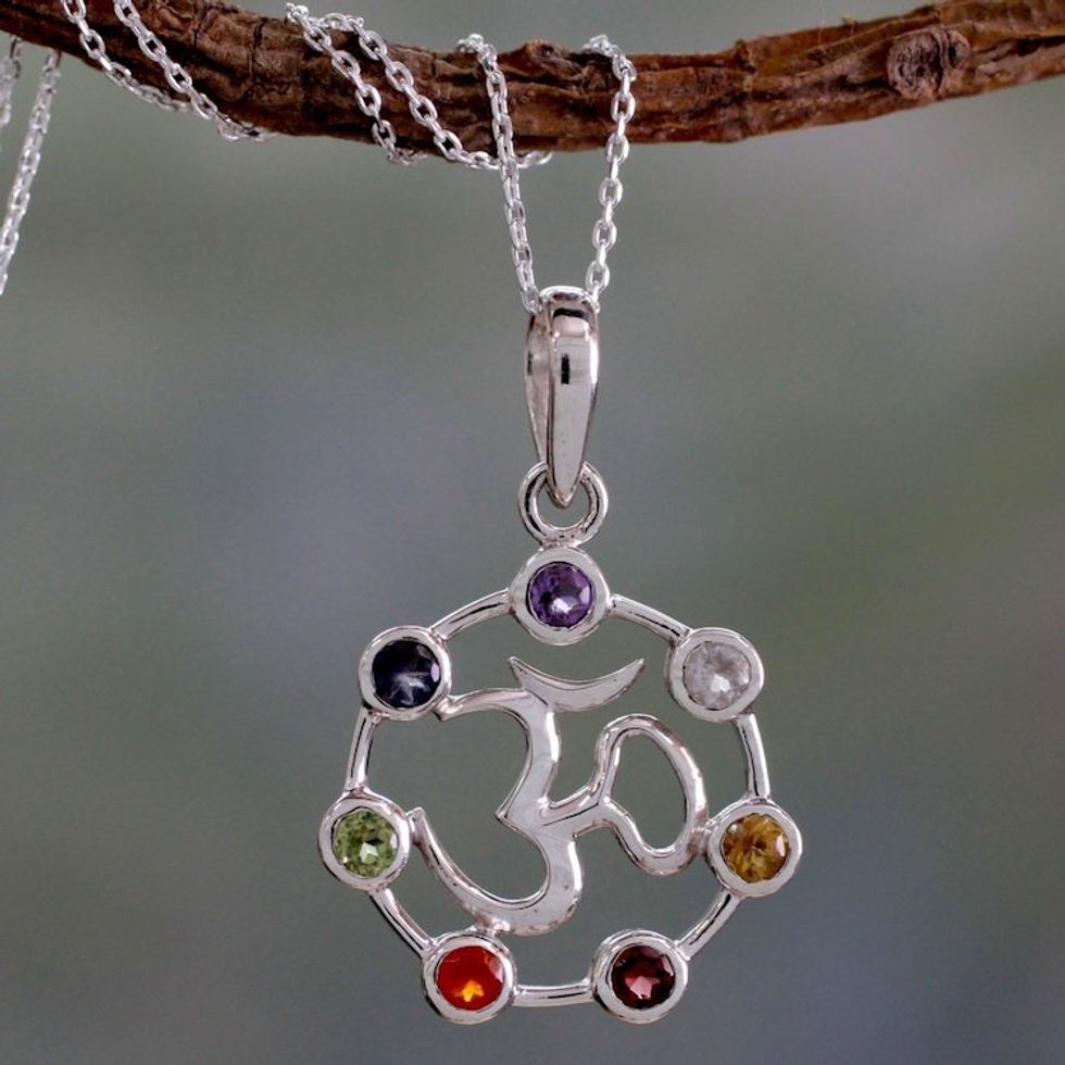 6.3 Cts Multi-gemstone Sterling Silver Medallion Necklace 'Om Chakra'