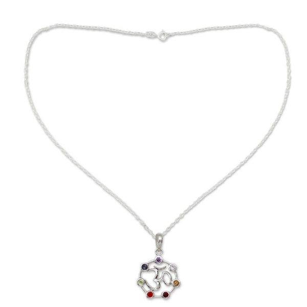 Alternate image for 6.3 Cts Multi-gemstone Sterling Silver Medallion Necklace Om Chakra