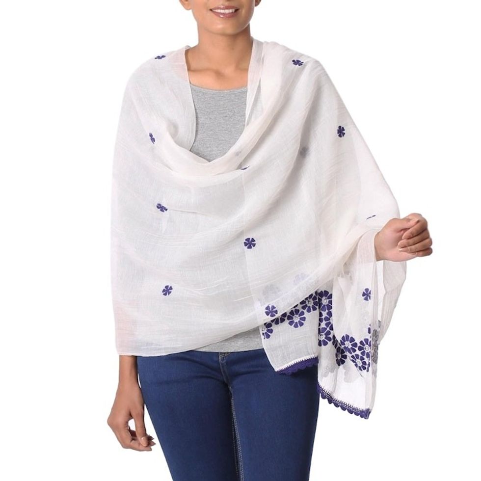 Cotton and Silk Shawl in Champagne and Indigo from India 'Chikan Flowers in Indigo'