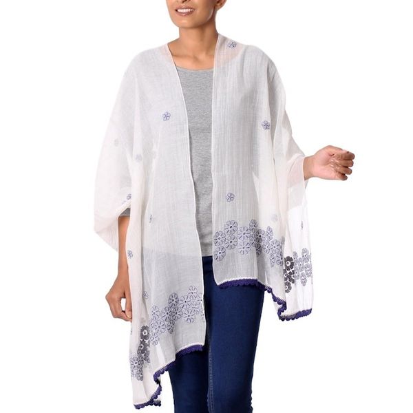Alternate image for Cotton and Silk Shawl in Champagne and Indigo from India Chikan Flowers in Indigo