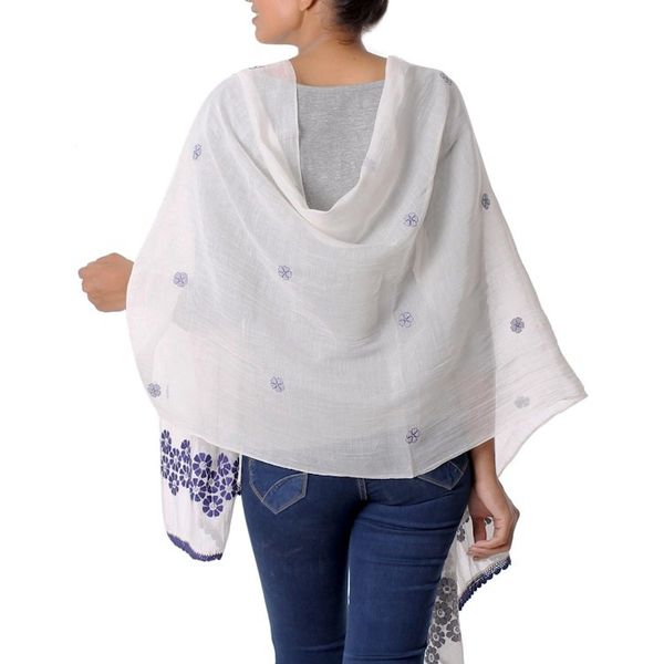Alternate image for Cotton and Silk Shawl in Champagne and Indigo from India Chikan Flowers in Indigo