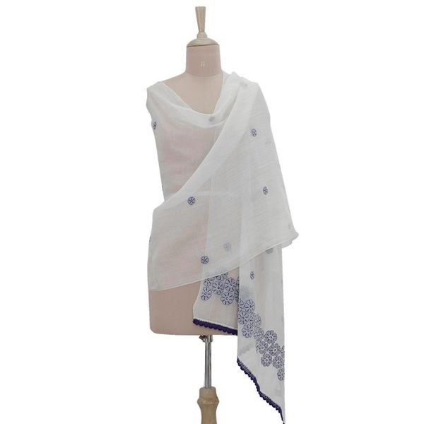 Alternate image for Cotton and Silk Shawl in Champagne and Indigo from India Chikan Flowers in Indigo