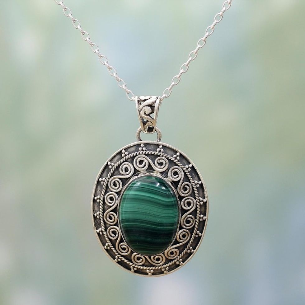 Handcrafted Sterling Silver and Malachite Pendant Necklace 'Mystical Beauty'