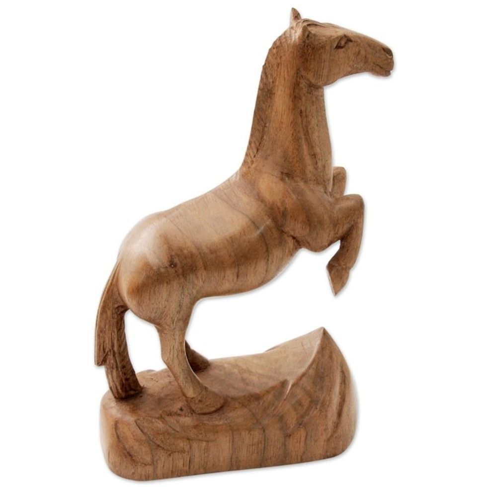 Hand Carved Walnut Wood Sculpture of Horse from India 'Joyful Horse'
