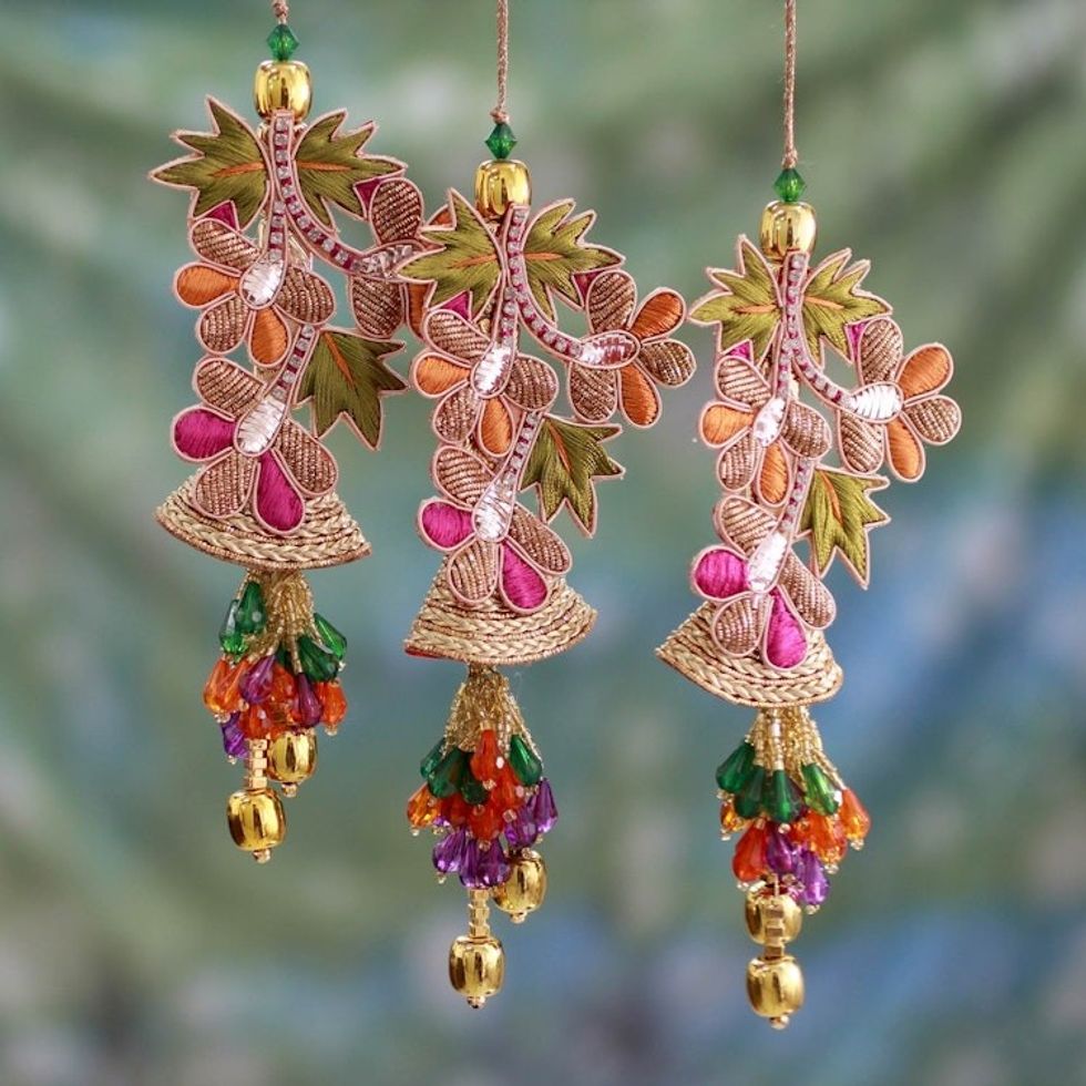 Embroidered Beaded Ornaments from India set of 3 'Bells and Mistletoe'