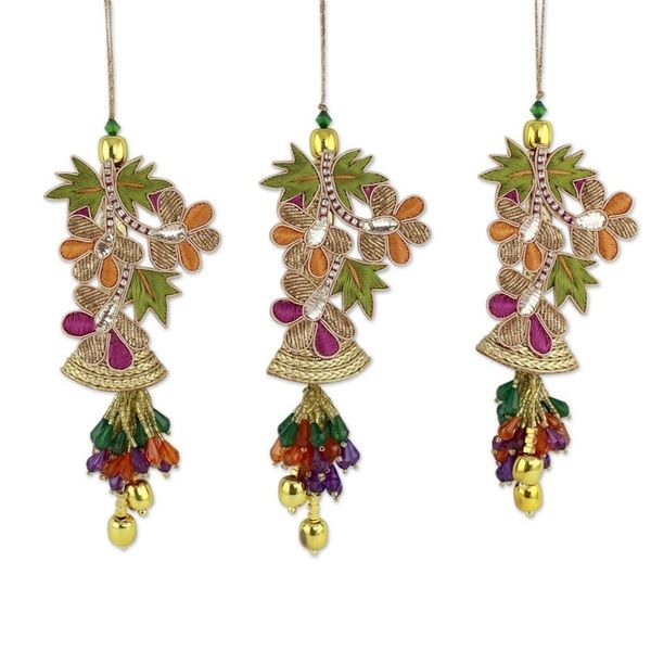 Alternate image for Embroidered Beaded Ornaments from India set of 3 Bells and Mistletoe