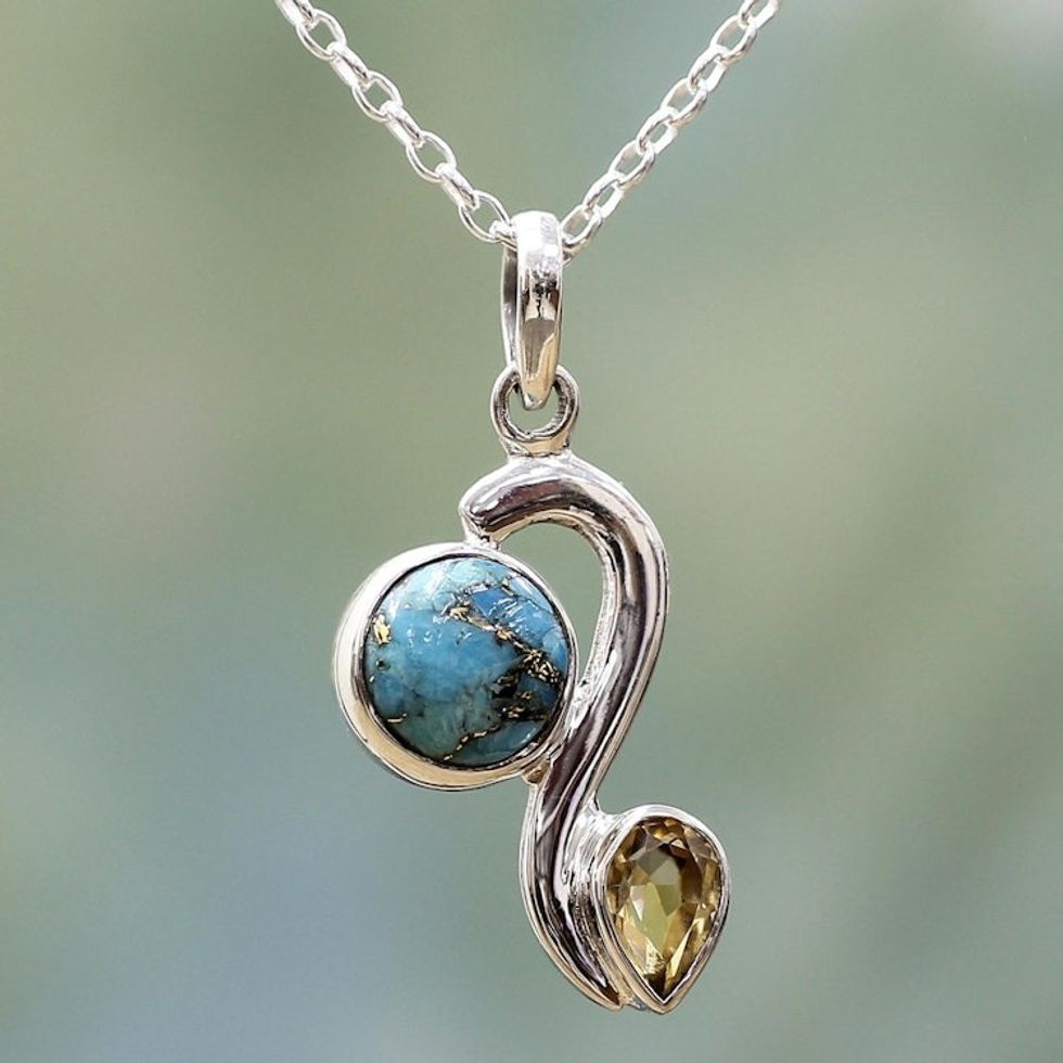 Citrine Composite Turquoise Pendant Necklace from India 'Sparkling Planet'