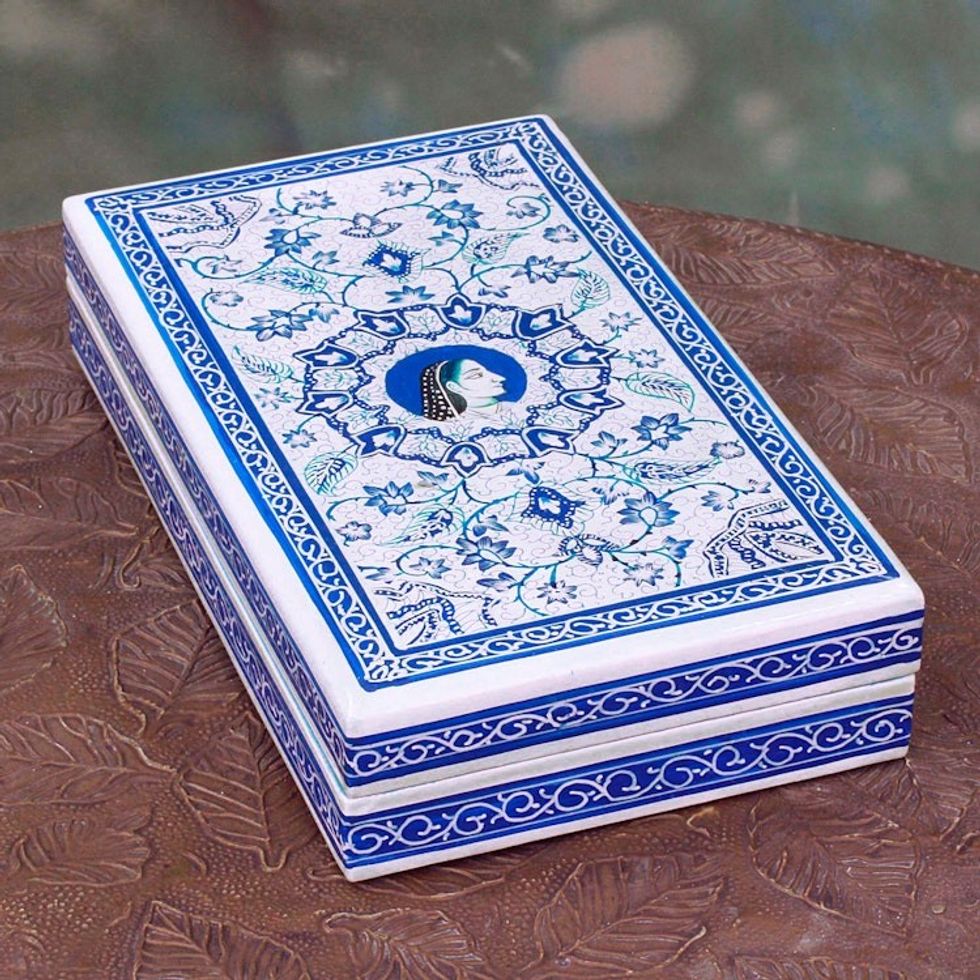 Velvet-Lined Papier Mache Wood Box with Mughal Queen Motif 'Queen's Grandeur'