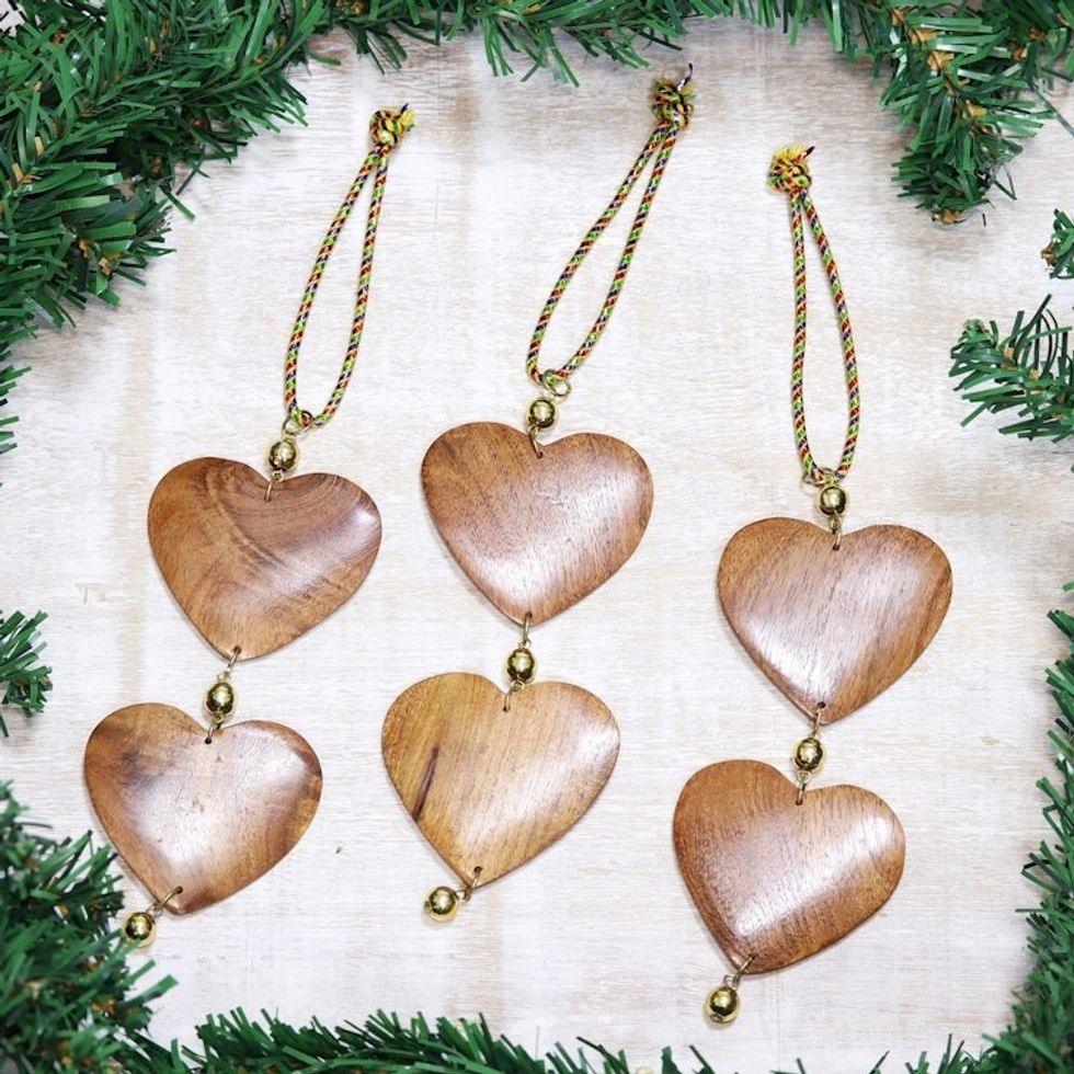 Fair Trade Hand-carved Wood Ornaments set of 3 'Cheerful Hearts'
