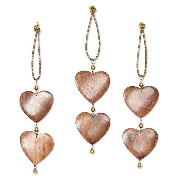 Alternate image for Fair Trade Hand-carved Wood Ornaments set of 3 Cheerful Hearts