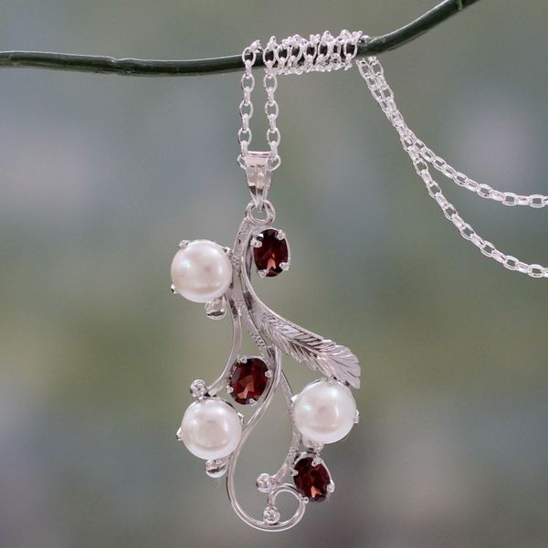 Alternate image for Fair Trade Floral Pearl and Garnet Pendant Necklace Dreamy Blossom