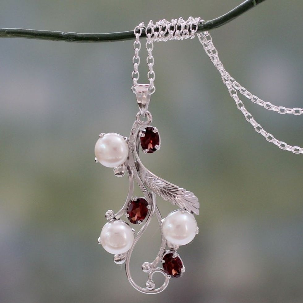 Fair Trade Floral Pearl and Garnet Pendant Necklace 'Dreamy Blossom'