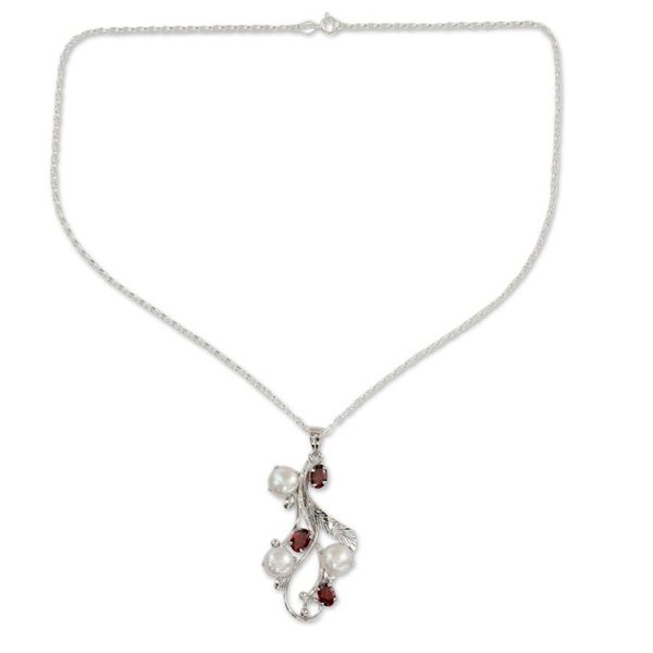 Alternate image for Fair Trade Floral Pearl and Garnet Pendant Necklace Dreamy Blossom