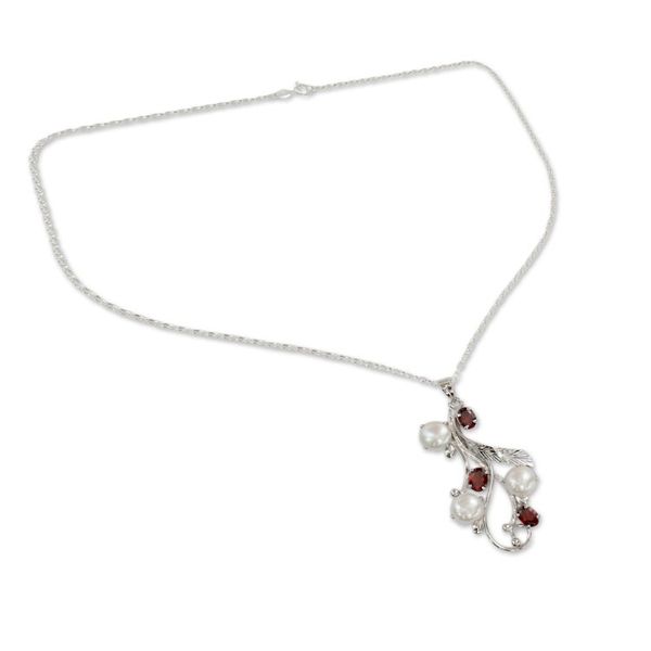 Alternate image for Fair Trade Floral Pearl and Garnet Pendant Necklace Dreamy Blossom