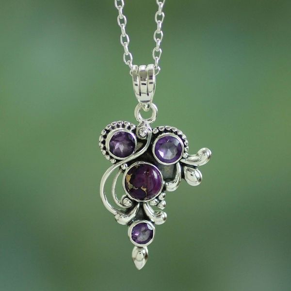 Alternate image for Handmade Amethyst and Sterling Silver Pendant Necklace Mystic Lilac Jaipur